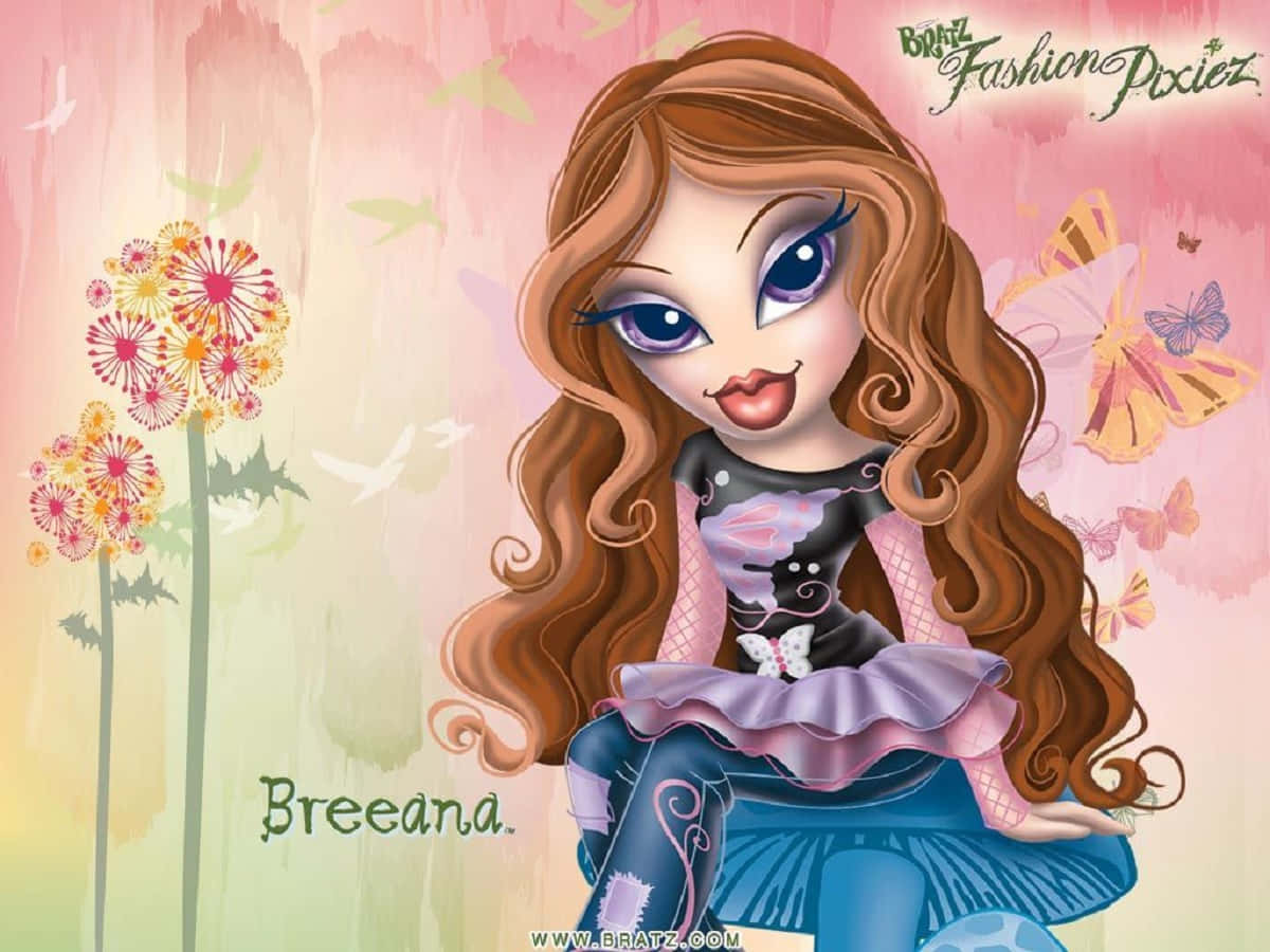 Bratz 桌布 壁紙 — 一個風格化的卡通女孩，長長的棕色頭髮和蝴蝶圖案，坐在色彩繽紛的花朵和飛舞的蝴蝶之間，背景是柔和的粉紅和綠色漸變。