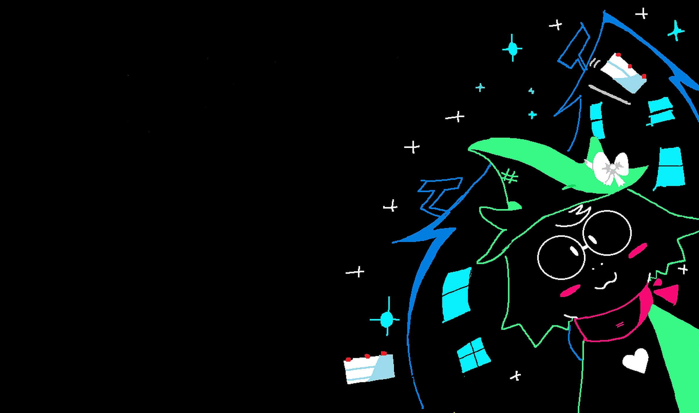 Ralsei 桌布 壁紙 — 一個風格化的卡通女巫，綠色頭髮和眼鏡，在黑色背景上微笑，周圍有漂浮的藍色窗戶和蛋糕片。