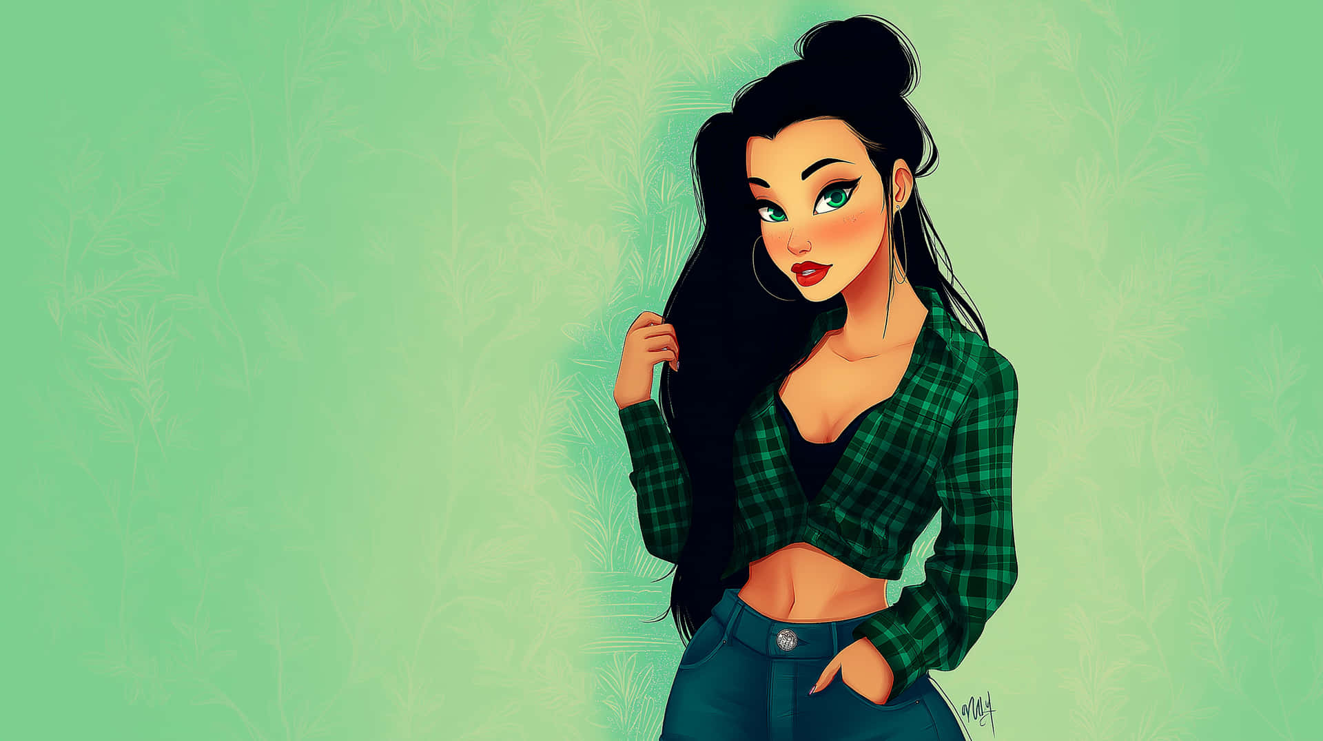 Stylish Anime Woman in Plaid Crop Top and Jeans 壁紙 — 一個風格化的卡通女性，長長的黑髮和綠色的眼睛，穿著綠色格紋短版襯衫和藍色牛仔褲，背景是薄荷綠花卉圖案。