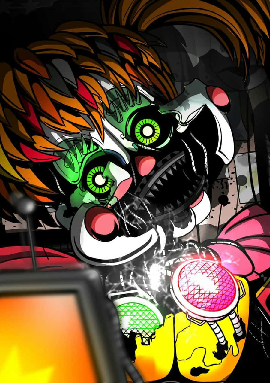Scrap Baby 桌布 壁紙 — 一個風格化的卡通怪物，擁有綠色眼睛和火焰般的頭髮，在黑暗混亂的背景中手持一個發光的粉紅色裝置。