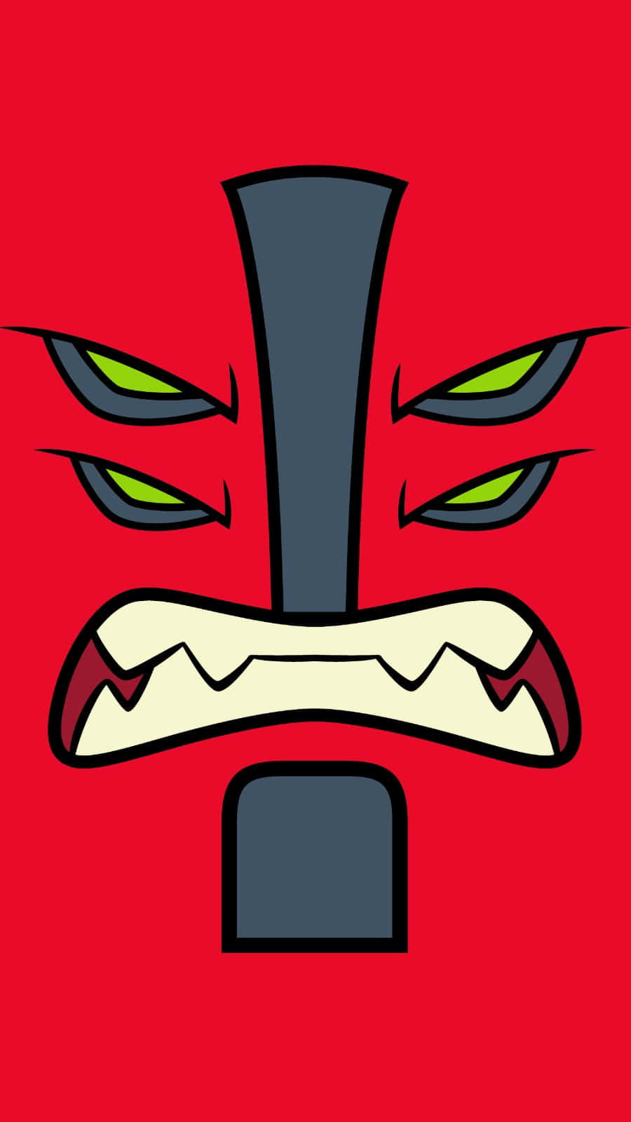 Ben 10 桌布 壁紙 — 一個風格化的卡通惡魔面孔，帶有發光的綠色眼睛和鋒利的牙齒，背景為純紅色。