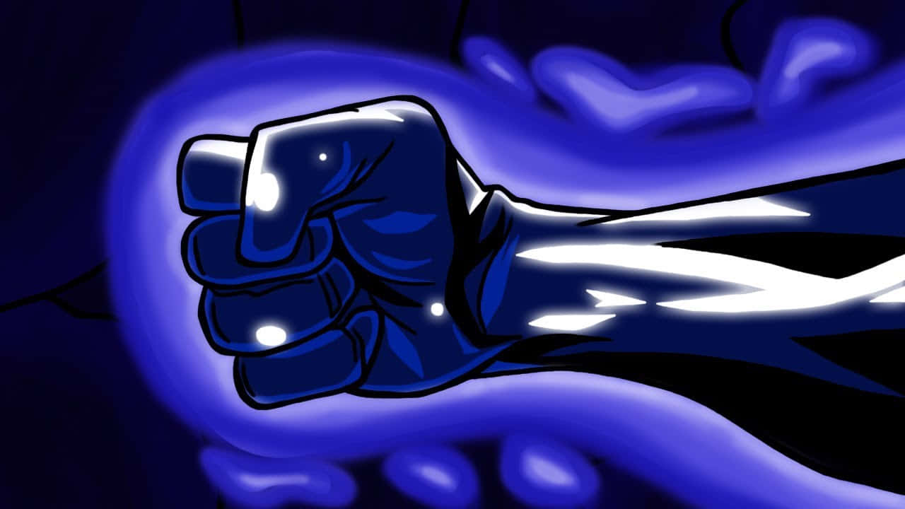Armament Haki 桌布 壁紙 — 一個風格化的卡通拳頭緊握力量，在黑暗背景中散發電光藍色能量。
