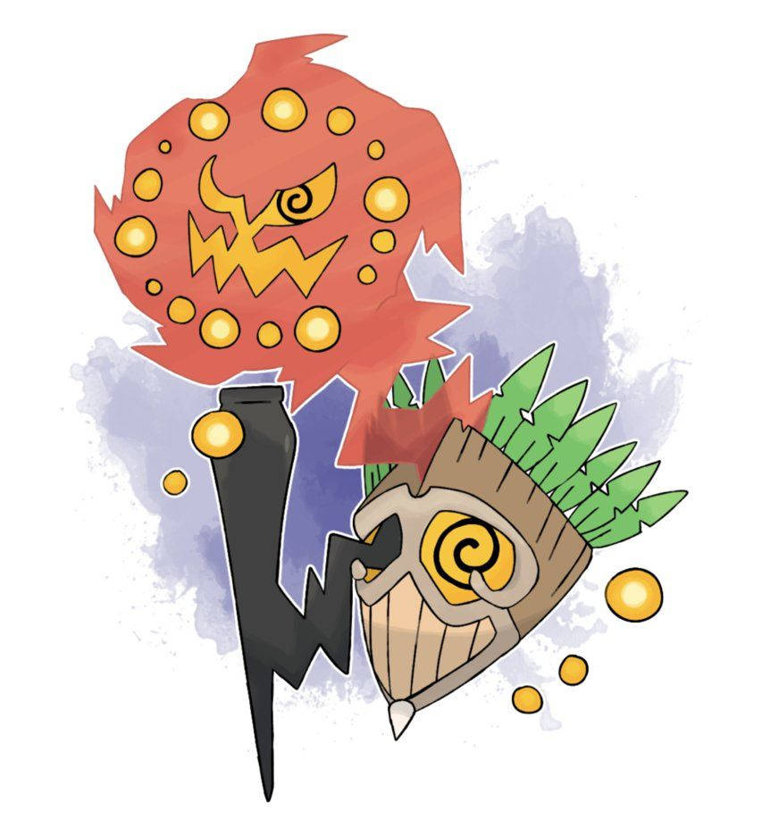 寶可夢 桌布 壁紙 — 一個風格化的卡通插圖，描繪一個紅色火焰精靈，有黃色眼睛和一個帶有綠色尖刺和漩渦圖案的木製面具。