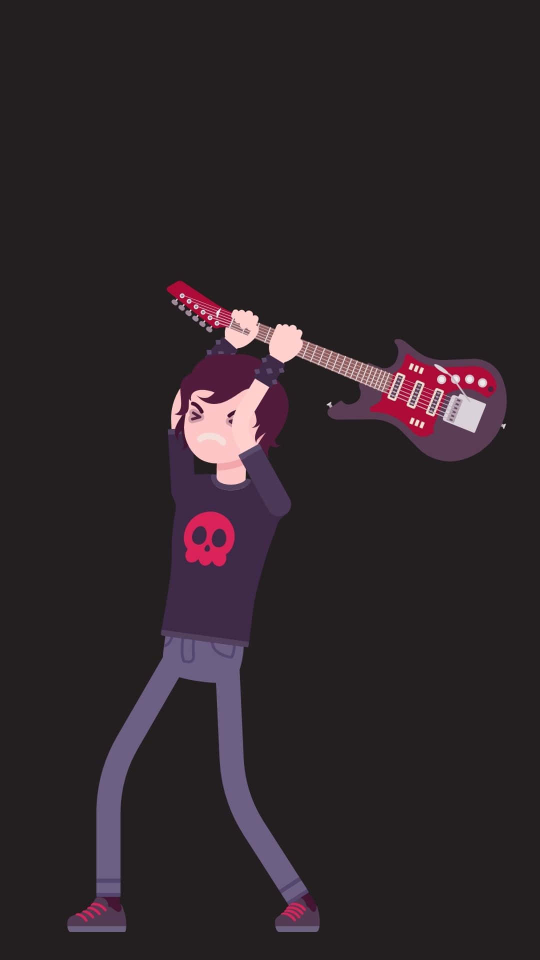 Cute Emo 桌布 壁紙 — 一個風格化的卡通搖滾歌手，穿著骷髏衫，在深色背景上將紅色電吉他揮過頭頂。