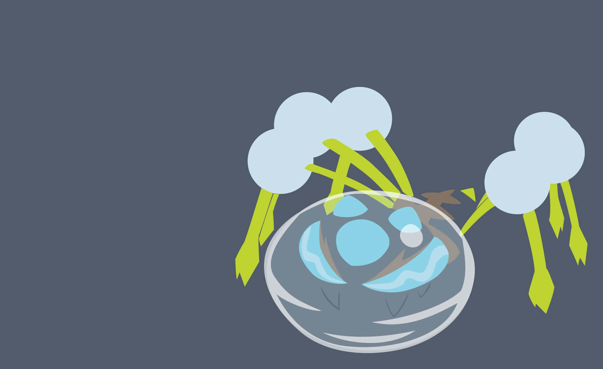 Pokemon Aesthetic 桌布 壁紙 — 一個風格化的卡通星球，帶有藍色漩渦圖案和綠色莖稈，頂部有白色雲朵，背景為深灰色。
