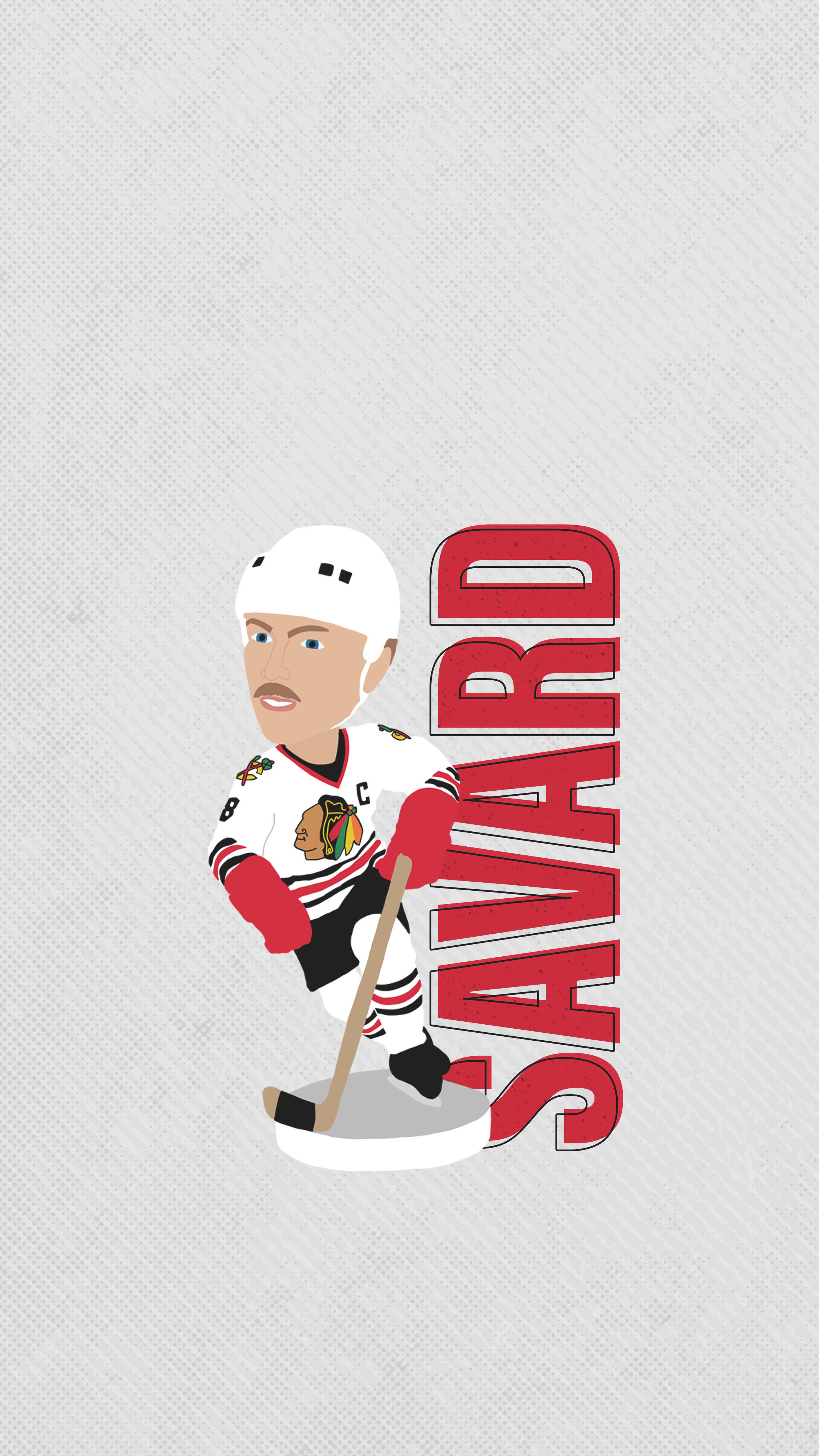 Blackhawks 桌布 壁紙 — 一個風格化的卡通曲棍球運動員穿著芝加哥黑鷹隊裝備，在紋理灰色背景上，旁邊有粗體紅色 'SAVARD' 文字，手持球桿。