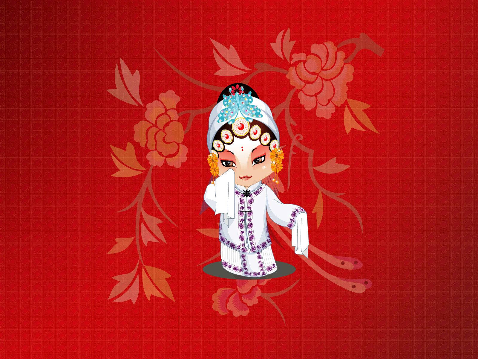 Beijing 桌布 壁紙 — 一個風格化的卡通歌劇角色，身穿白色服裝，紅色化妝，站在一個裝飾有花卉圖案的鮮紅色背景前。