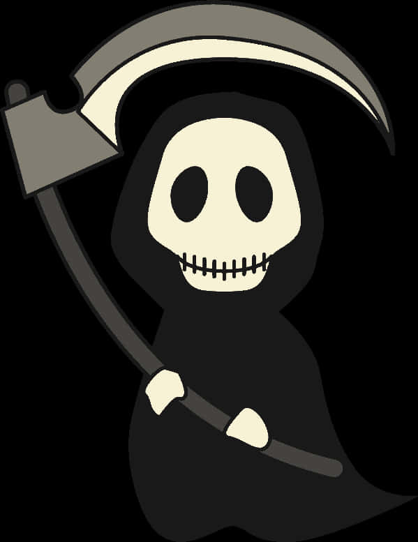 Scythe 桌布 壁紙 — 一個風格化的卡通死神，帶著縫合的笑容，在黑色背景上拿著鐮刀。
