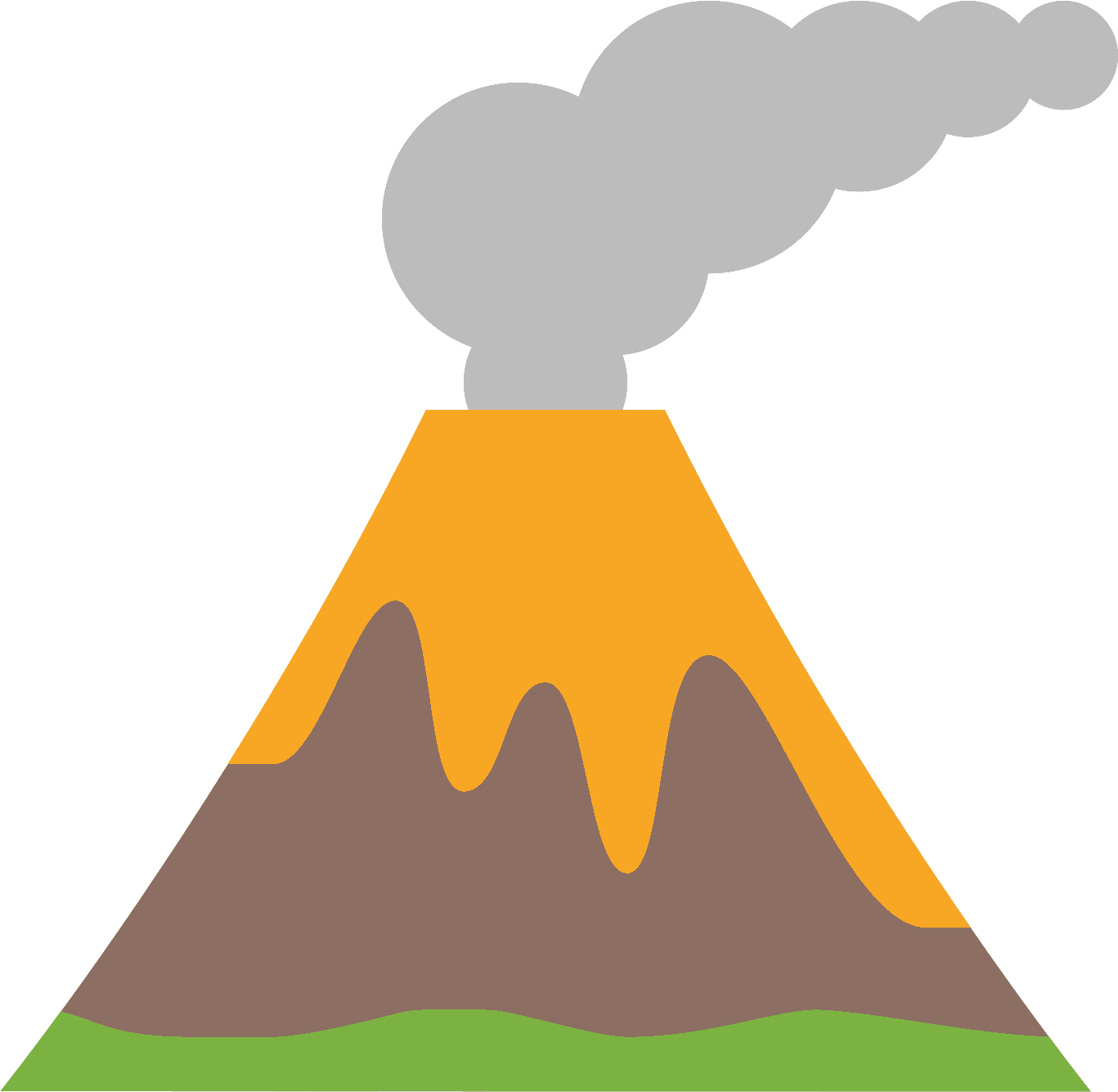 lava 桌布 壁紙 — 一個風格化的卡通火山在黑色背景上噴出灰色煙霧，熔岩沿著橙色斜坡流過棕色和綠色的地形。