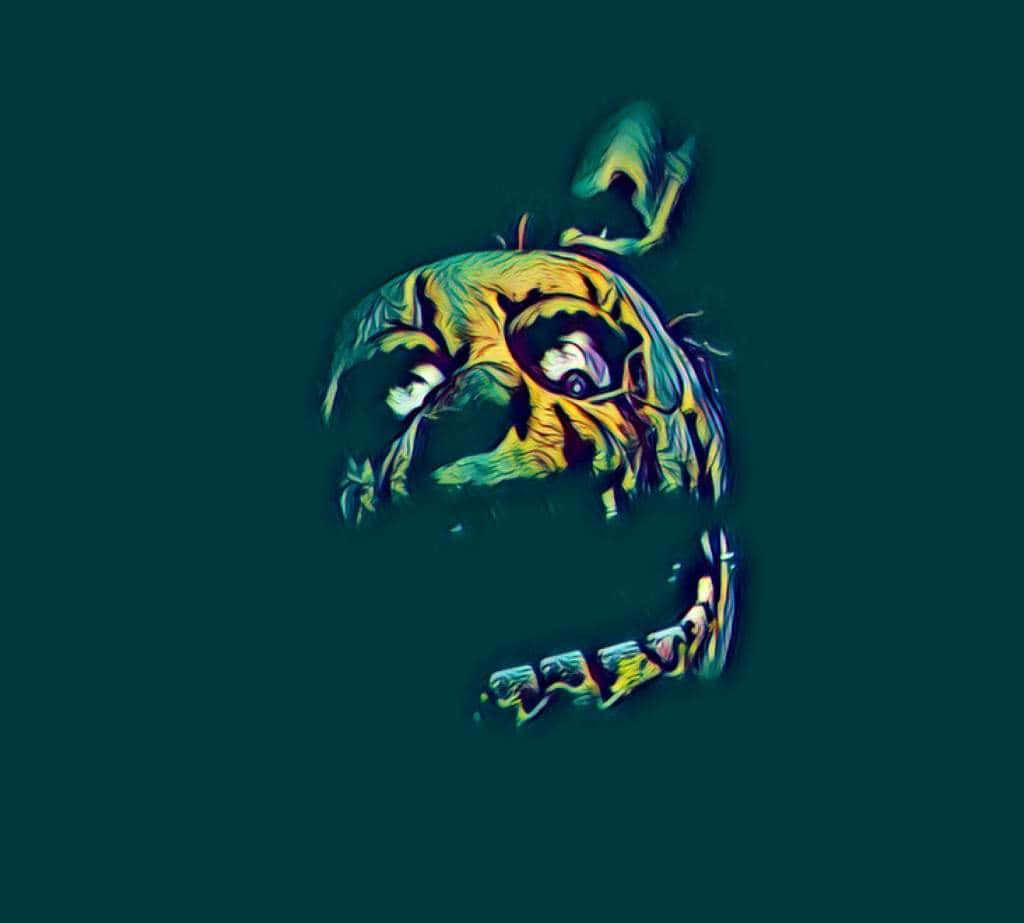 Springtrap 桌布 壁紙 — 一個風格化的卡通狗頭，眼睛發光，咧嘴大笑，背景為深藍綠色。