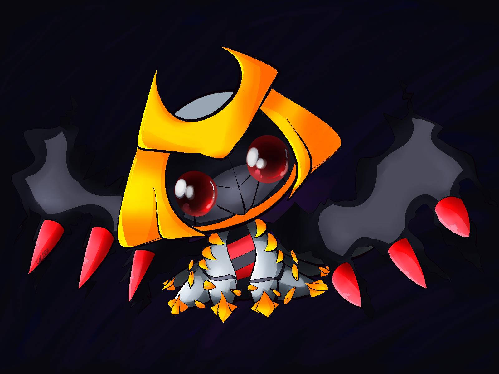 Giratina 桌布 壁紙 — 一個風格化的卡通生物，擁有發光的紅色眼睛和橙色角，從黑色背景的暗煙中出現。