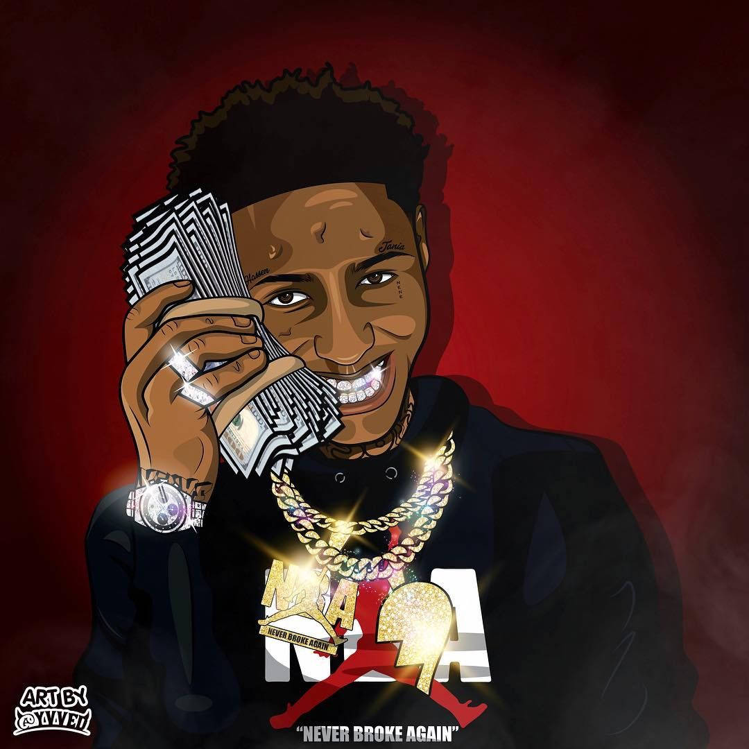 Youngboy 桌布 壁紙 — 一個風格化的卡通男人，帶著鑲滿鑽石的笑容，在深紅色背景上拿著一疊疊現金。