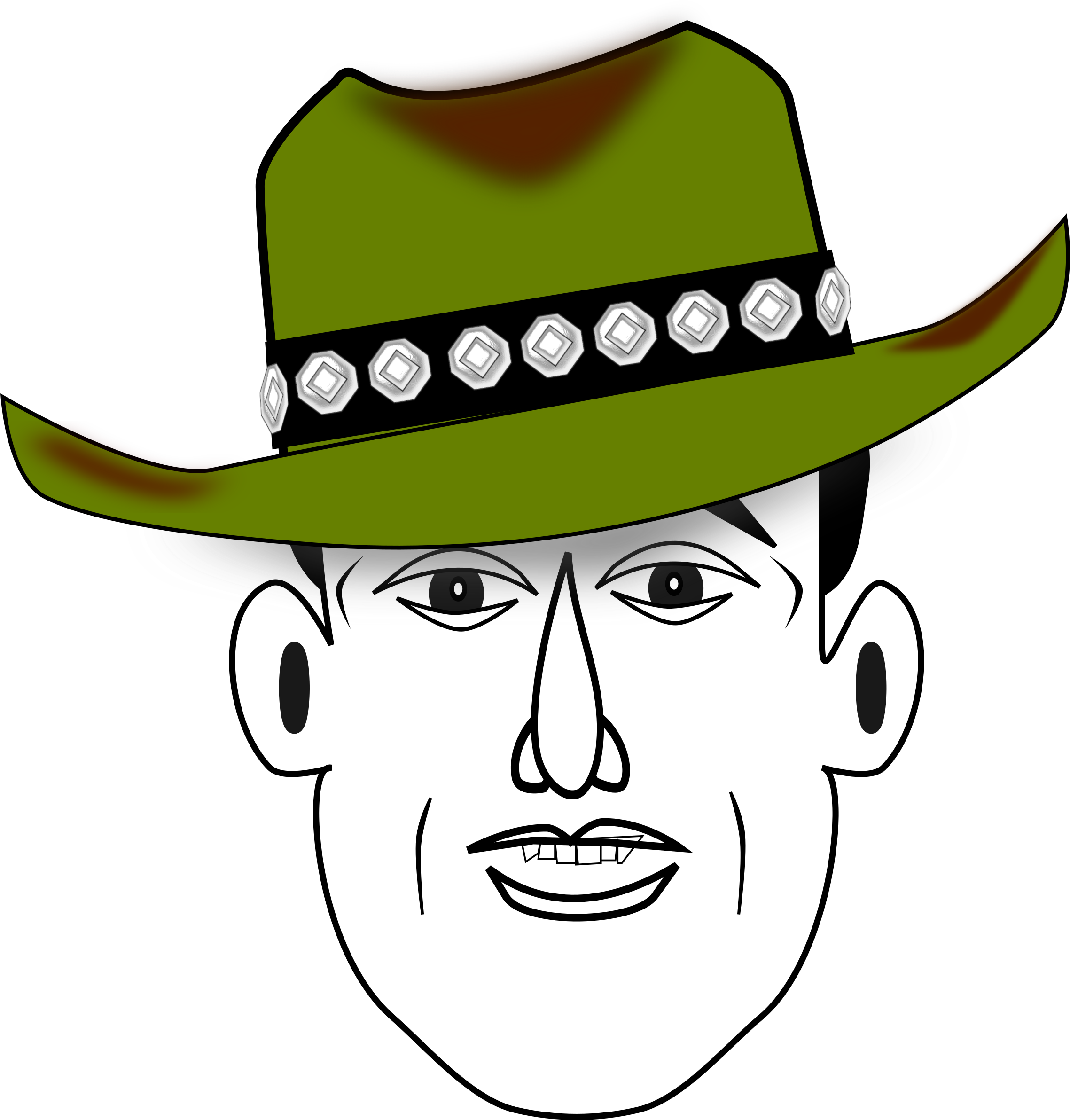 Cowboy Hat 桌布 壁紙 — 一個風格化的卡通男人，戴著一頂飾有銀色康喬的綠色帽子，在黑色背景上微笑。