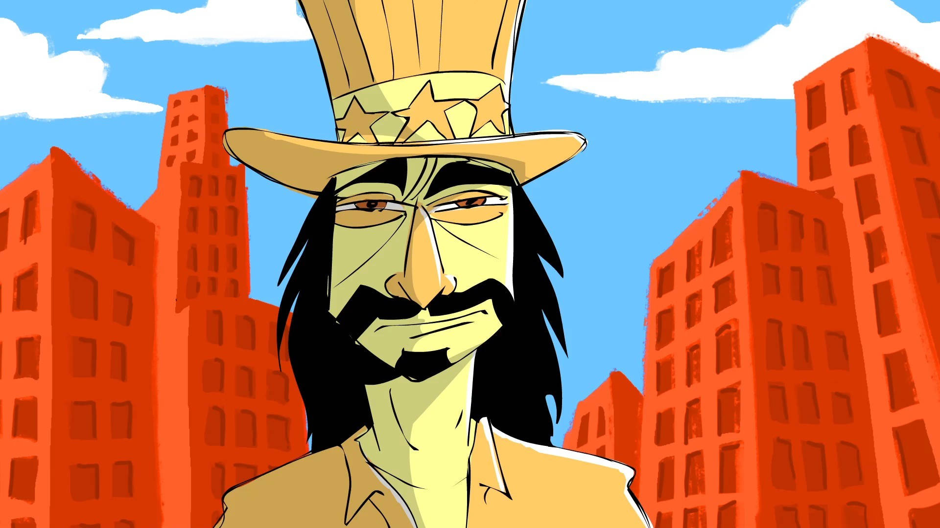 Zappa 桌布 壁紙 — 一個風格化的卡通男人，戴著星形裝飾的帽子和鬍子，站在藍天下紅色城市建築前。