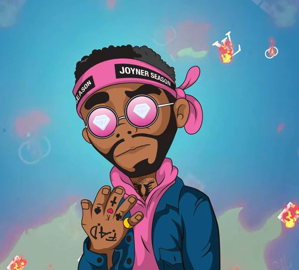 Joyner Lucas 桌布 壁紙 — 一個風格化的卡通男人，戴著粉紅色鑽石眼鏡和「JOYNER SEASON」頭帶，在夢幻的藍天中舉起一隻有刺青的手，天空中有漂浮的符號。
