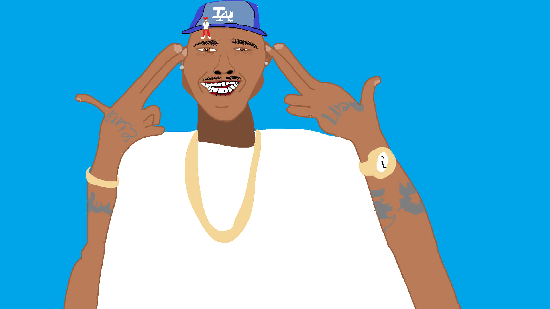Dababy Cartoon 桌布 壁紙 — 一個風格化的卡通男人，戴著藍色帽子，穿著白色背心，在純藍色背景前微笑著做出和平手勢。