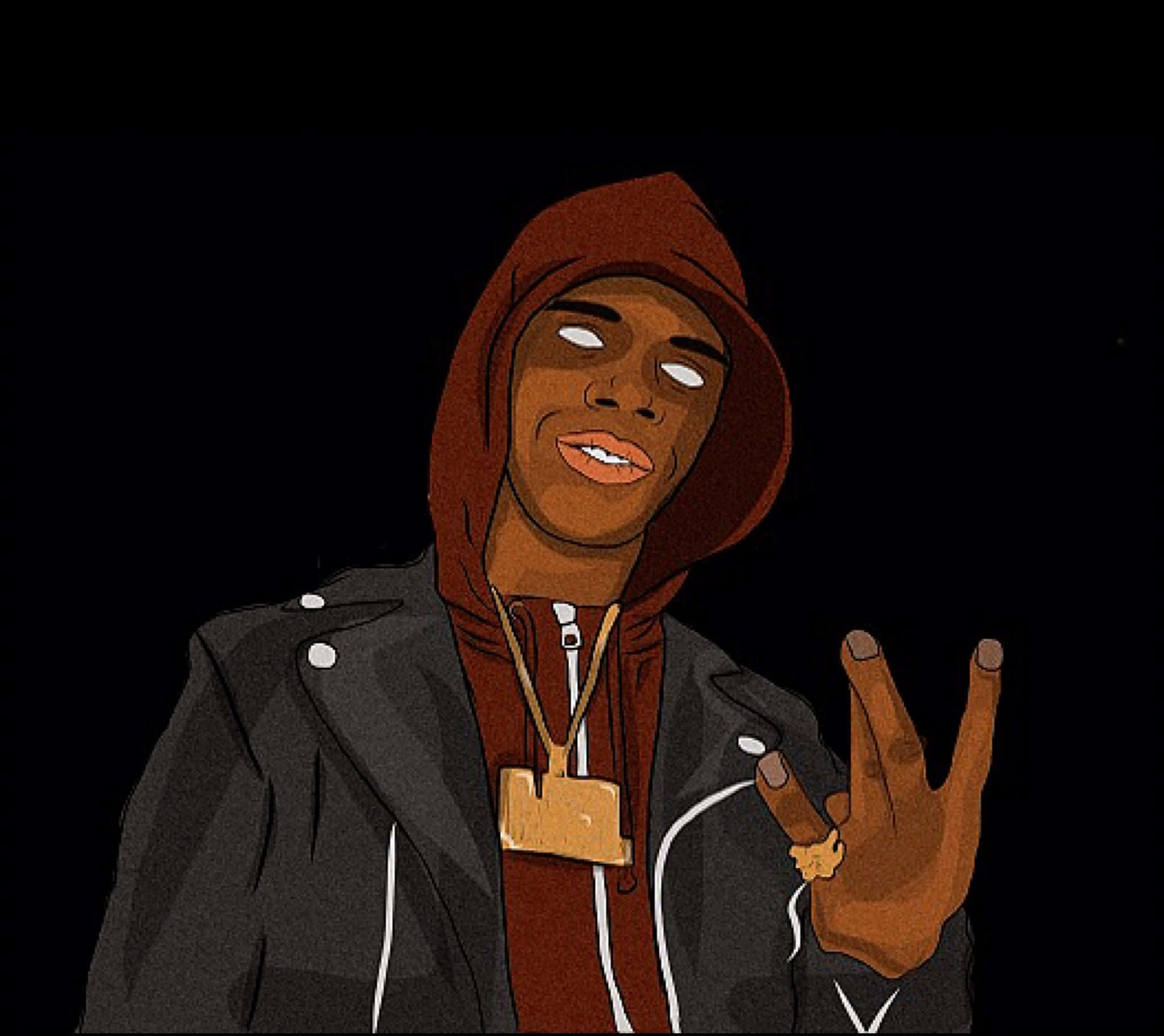 Rappers 桌布 壁紙 — 一個風格化的卡通男人，穿著紅色連帽衫和黑色外套，在深色背景前比出和平手勢。