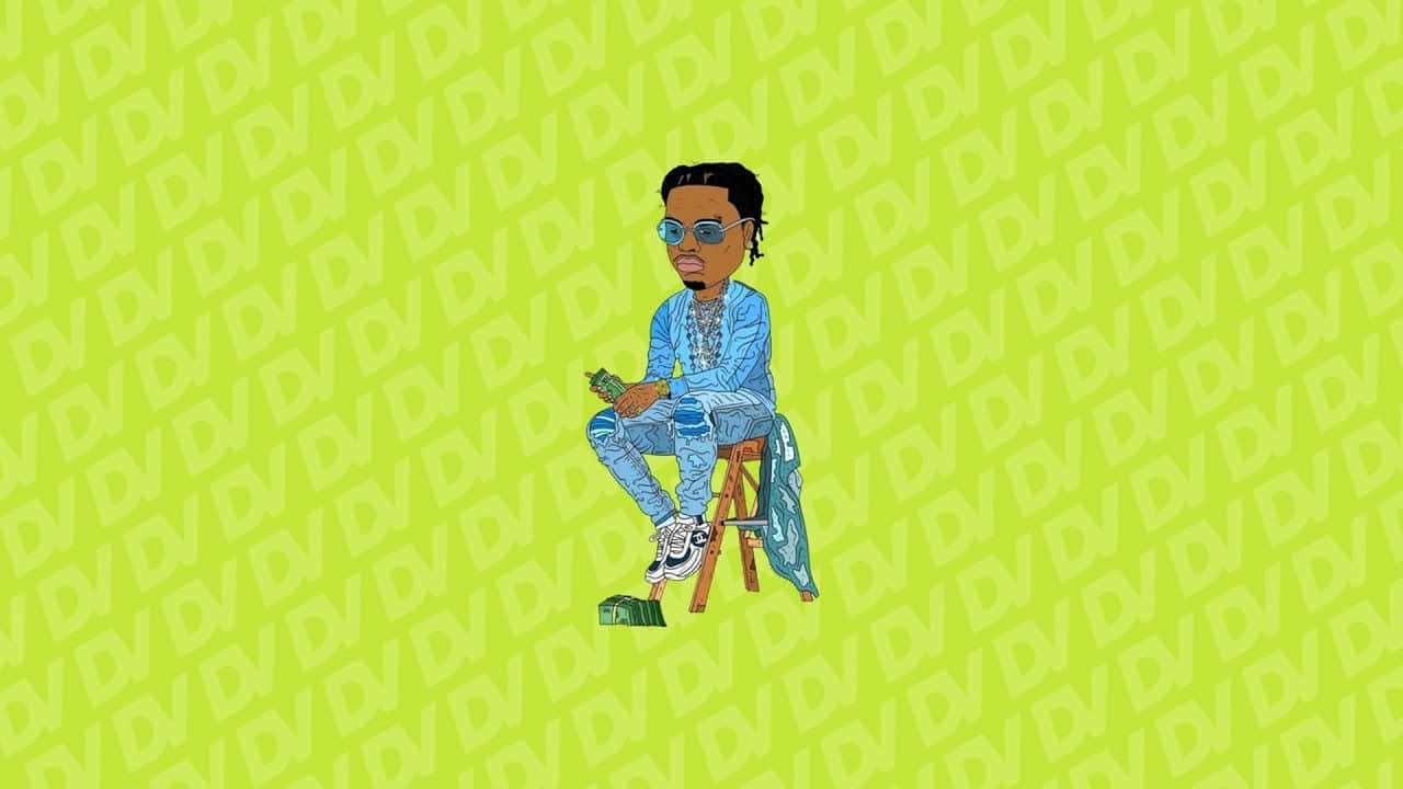 Lil Baby Cartoon 桌布 壁紙 — 一個風格化的卡通男人穿著藍色衣服和太陽眼鏡坐在凳子上，拿著錢，背景是重複的萊姆綠色D圖案。
