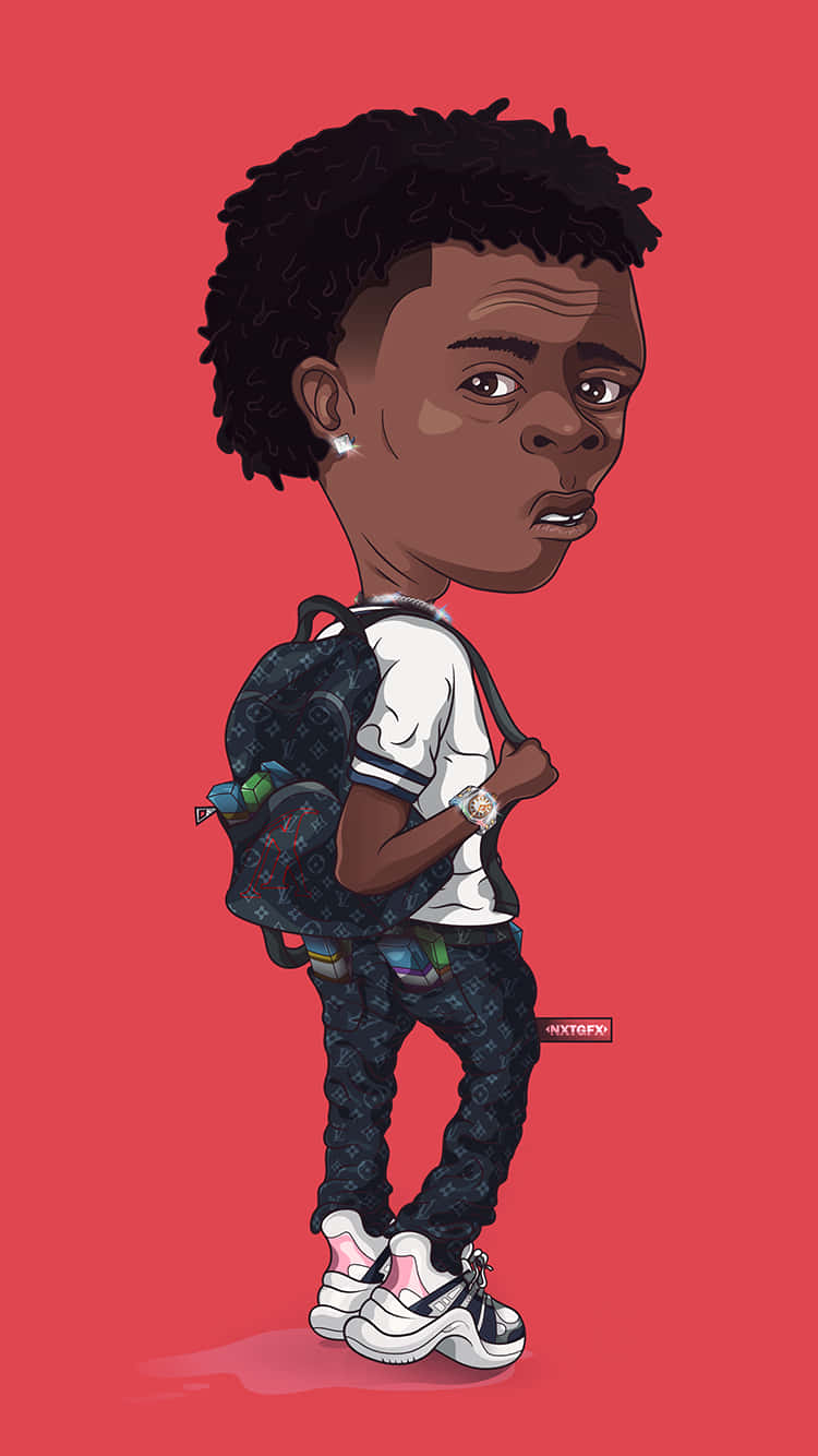 Dababy Cartoon 桌布 壁紙 — 一個風格化的卡通男孩，有著捲曲的頭髮和背包，站在純紅色背景前，穿著時尚的街頭服飾。