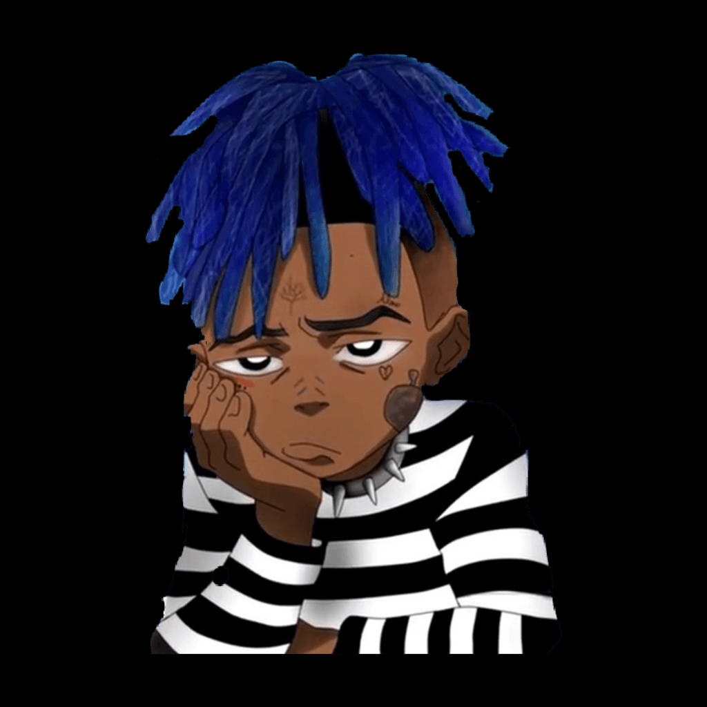 Xxxtentacion Cartoon 桌布 壁紙 — 一個風格化的卡通男孩，藍色辮子頭和條紋襯衫，在黑色背景上用手托著下巴。