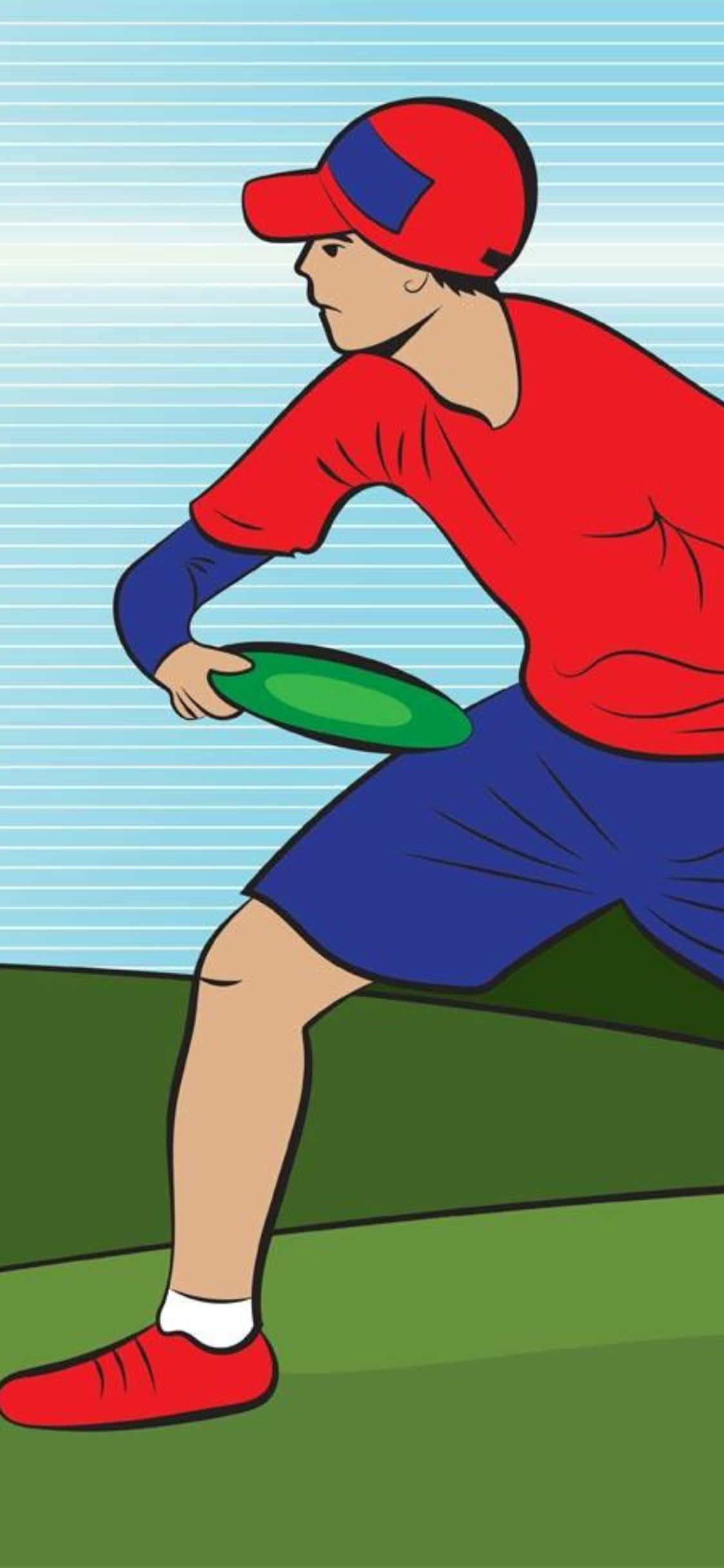 iPhone Xs Frisbee 桌布 壁紙 — 一個風格化的卡通男孩，身穿紅藍裝備，準備在條紋天空下的草地上投擲綠色飛盤。