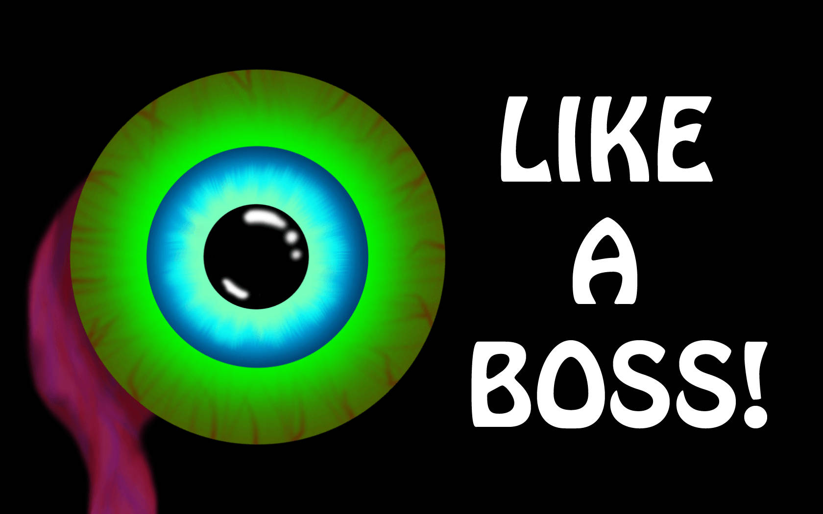 Jacksepticeye 桌布 壁紙 — 一個風格化的卡通眼睛，帶有發光的綠色和藍色虹膜，在黑色背景上大膽地凝視，旁邊是粗體白色文字 LIKE A BOSS!