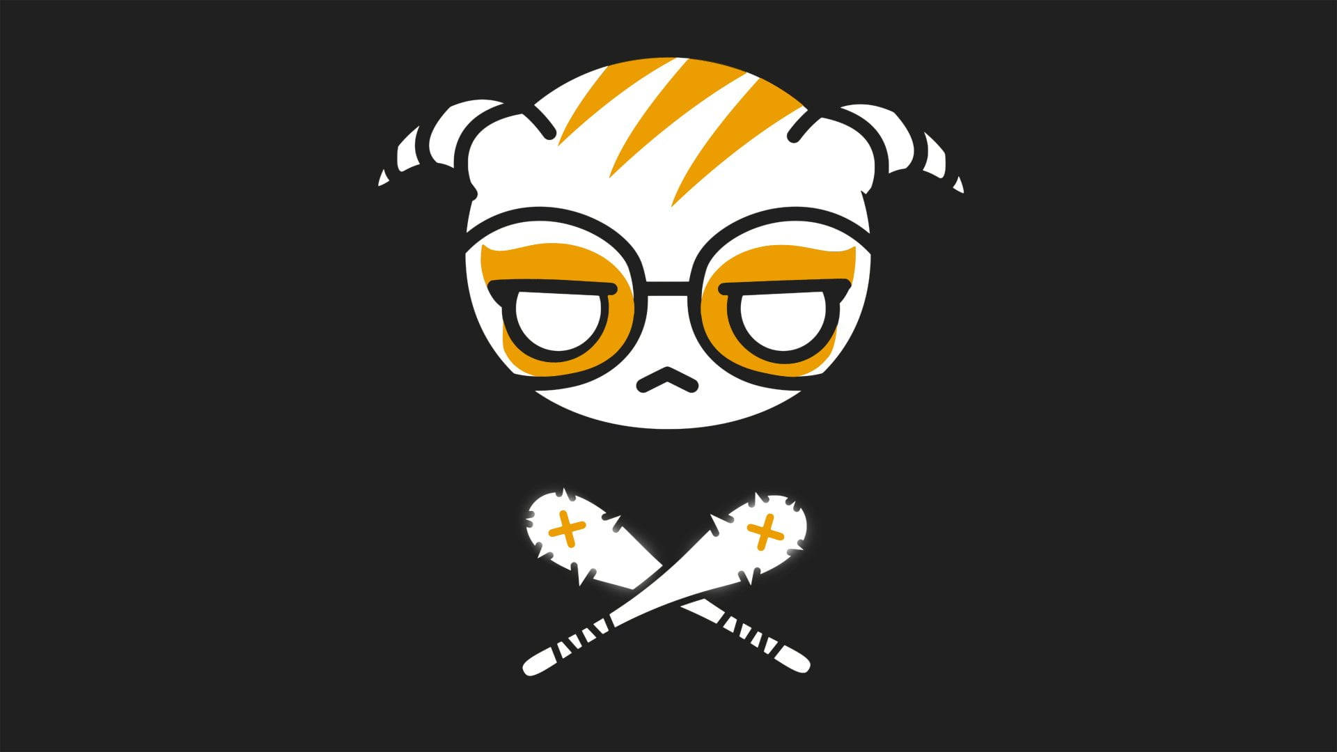 dokkaebi rainbow six siege 桌布 壁紙 — 一個風格化的卡通老虎頭，戴著眼鏡和辮子，位於交叉的鼓棒上方，背景為黑色。