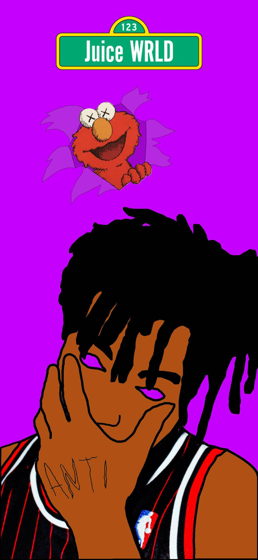 Juice WRLD 卡通肖像，Elmo 漂浮在紫色背景上方。