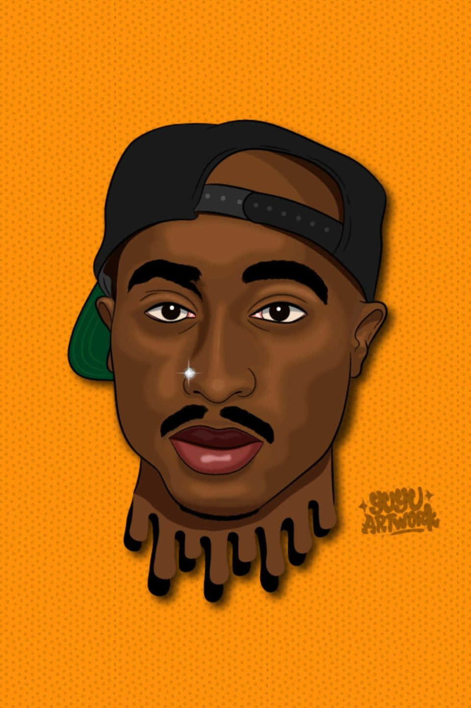 桌布 壁紙 — 一個風格化的卡通肖像，描繪Tupac Shakur戴著黑色帽子和綠色帽檐，背景是充滿活力的橙色圓點圖案。