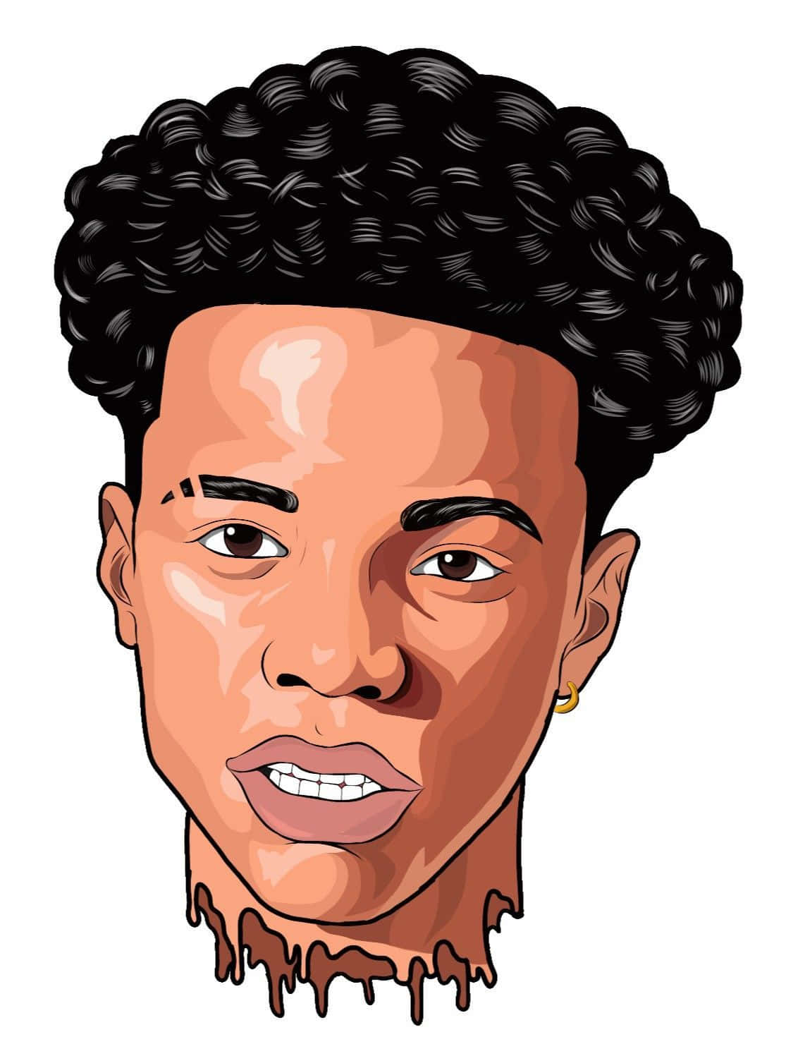 Lil Mosey 桌布 壁紙 — 一個風格化的卡通肖像，描繪一位年輕男子，擁有黑色捲髮和金色耳環，背景為白色。
