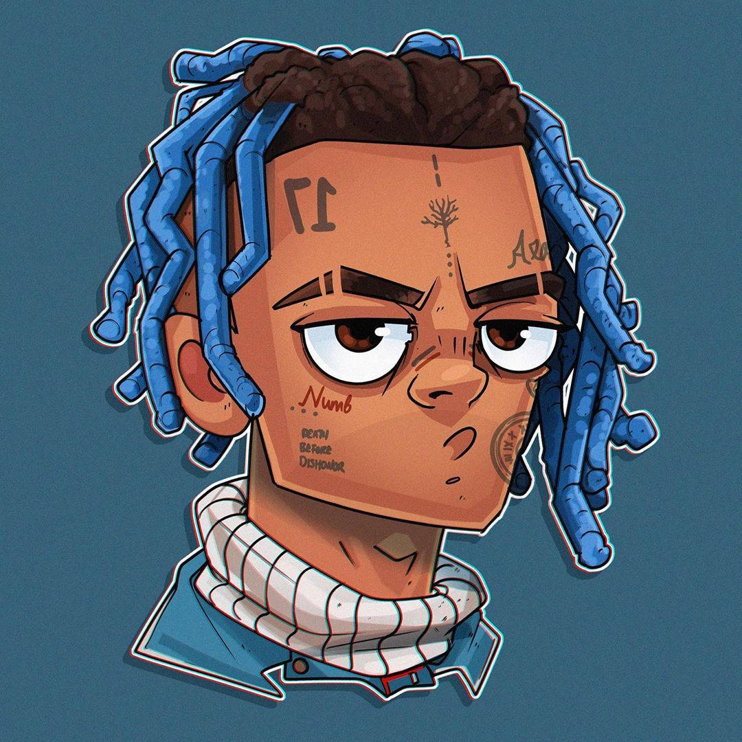xxxtentacion 動畫 桌布 壁紙 — 一個風格化的卡通肖像，描繪一位年輕男子，擁有藍色辮子頭和臉部刺青，背景為純青色。