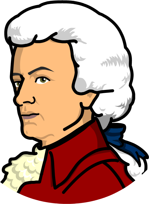 mozart 桌布 壁紙 — 一個風格化的卡通肖像，描繪一位戴白色粉狀假髮、身穿紅色外套和藍色領巾的男子，背景為黑色。