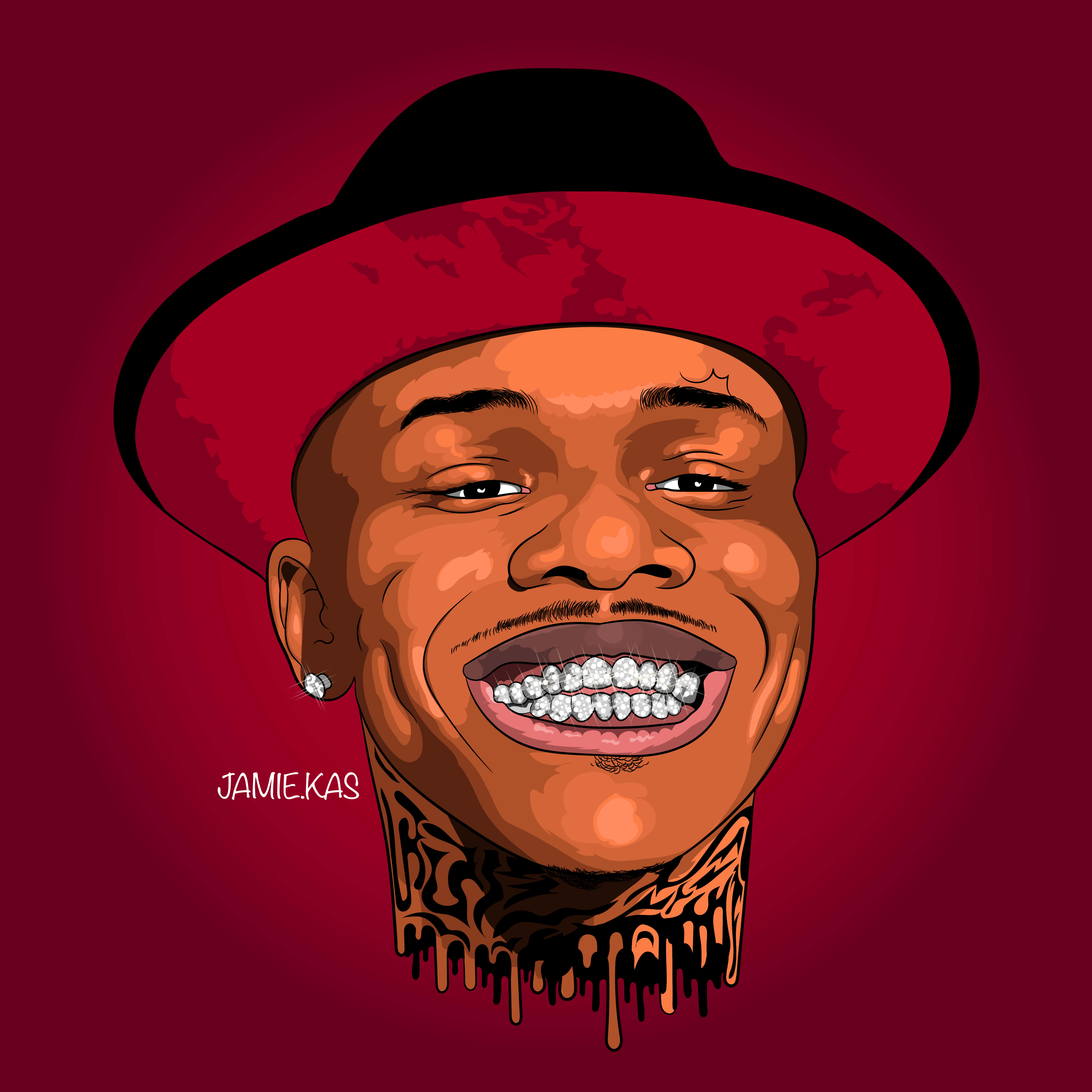 Dababy Cartoon 桌布 壁紙 — 一個風格化的卡通肖像，描繪一個微笑的男人，戴著紅色帽子，鑲有鑽石牙套，頸部有滴落的紋身，背景為深紅色。