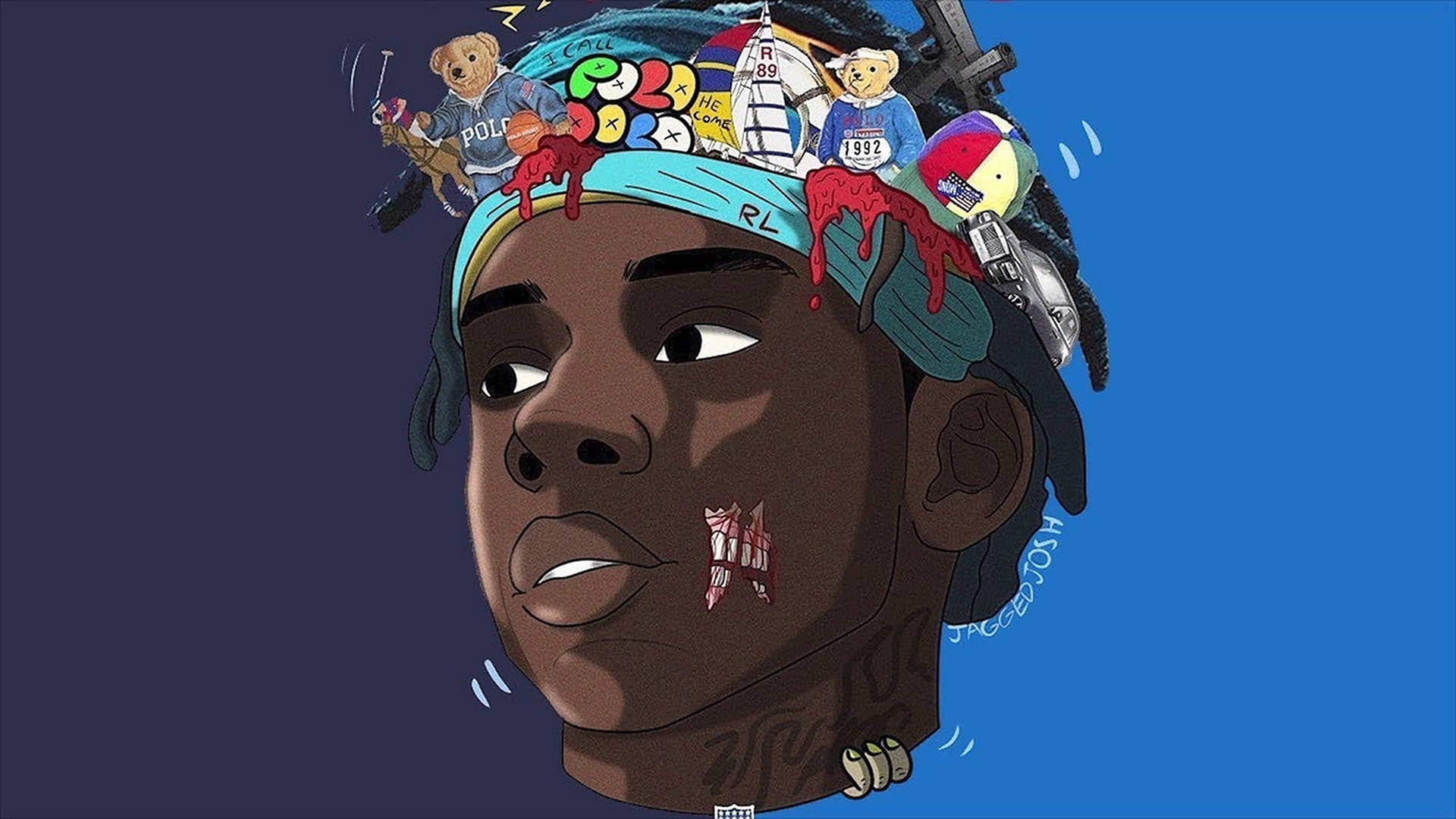 Polo 桌布 壁紙 — 一個風格化的卡通肖像，描繪一個戴著藍色頭帶的男人，混亂的玩具從他的頭上滴下紅色液體，背景為藍色。