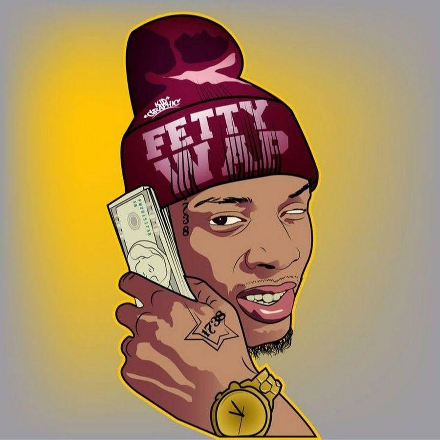 NBA Youngboy Cartoon 桌布 壁紙 — 一個風格化的卡通肖像，描繪一名戴著栗色無邊帽、手持現金、戴金錶和刺青的男子。