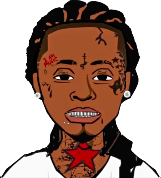 wayne 桌布 壁紙 — 一個風格化的卡通肖像，描繪一名有刺青和紅色星星項鍊的男子，背景為黑色。