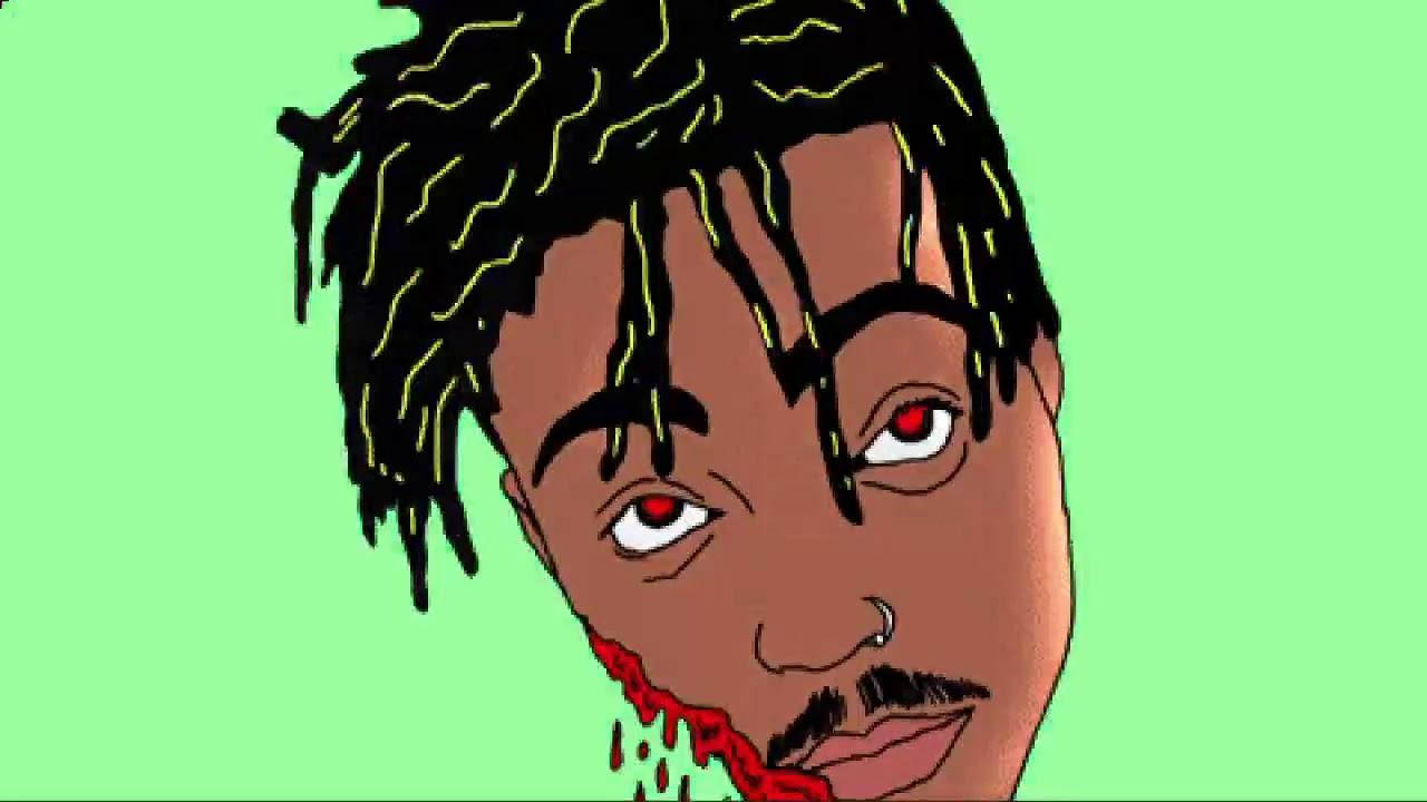 Juice Wrld Anime 桌布 壁紙 — 一個風格化的卡通肖像，描繪一名留著辮子、紅眼、嘴角滴血的男子，背景為純綠色。