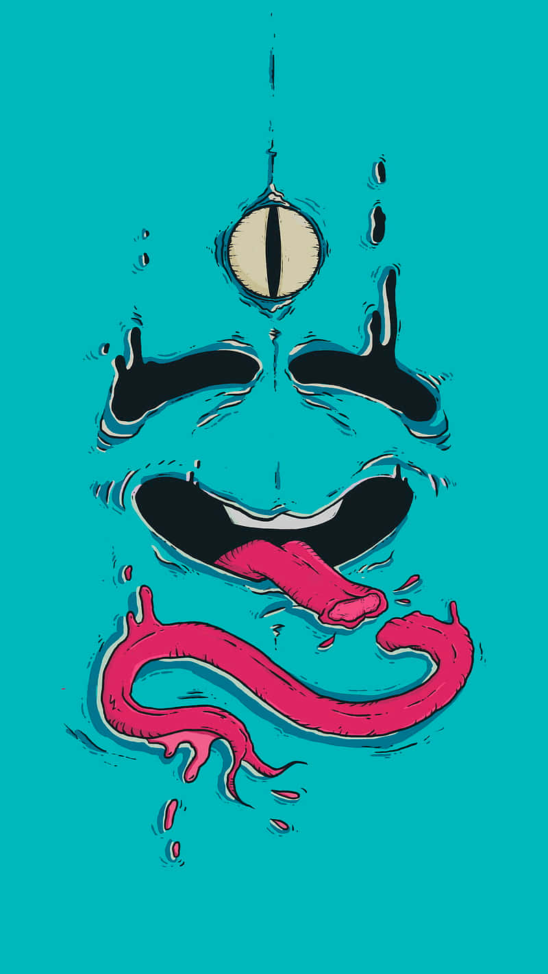Animated 桌布 壁紙 — 一個風格化的卡通臉，有一隻眼睛和一條長長的粉紅色舌頭，在青綠色背景上滴落。