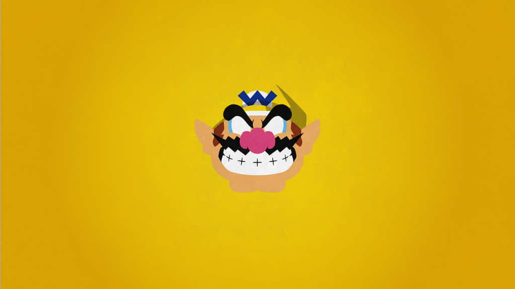 wario 桌布 壁紙 — 一個風格化的卡通臉孔，帶有寬闊的笑容和藍色皇冠，居中在純黃色背景上。