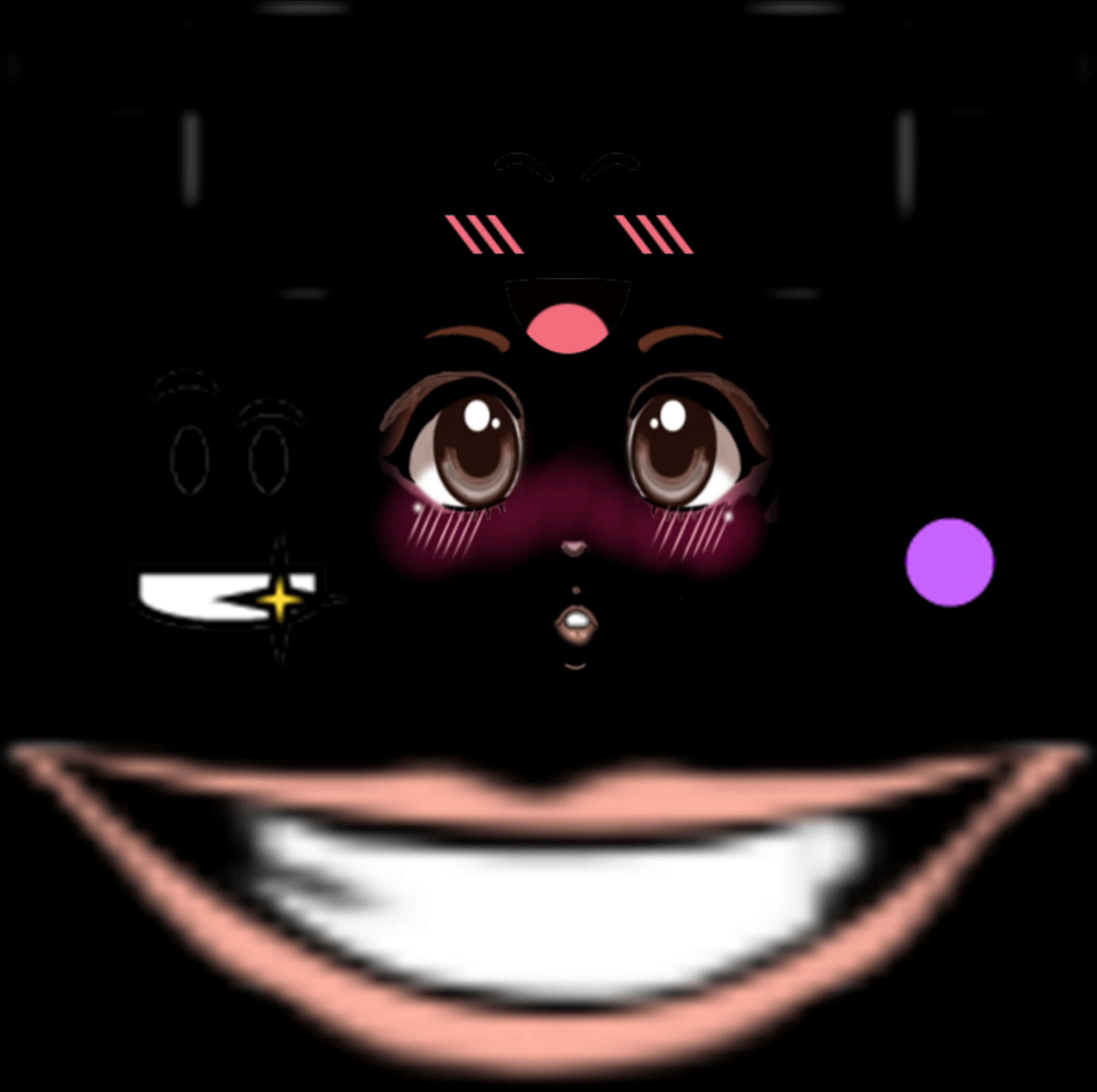 Roblox Face 桌布 壁紙 — 一個風格化的卡通臉孔，擁有大大的棕色眼睛和寬闊的露齒笑容，在黑色背景上帶有發光點綴。