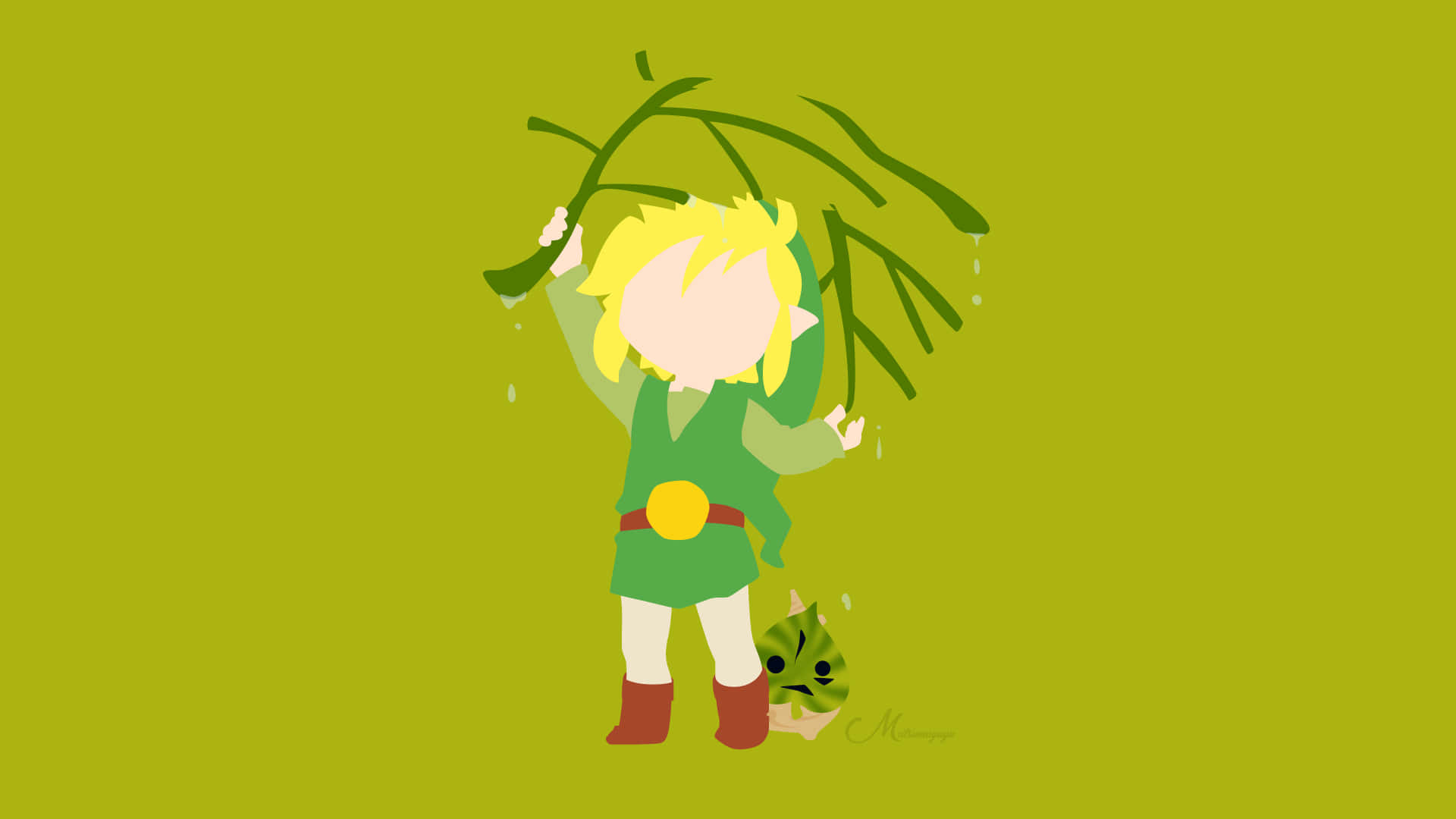 Toon Link 桌布 壁紙 — 一個風格化的卡通英雄，金髮綠衣，在純橄欖綠背景上，手持一根滴水的樹枝，懸在一隻綠色小生物上方。