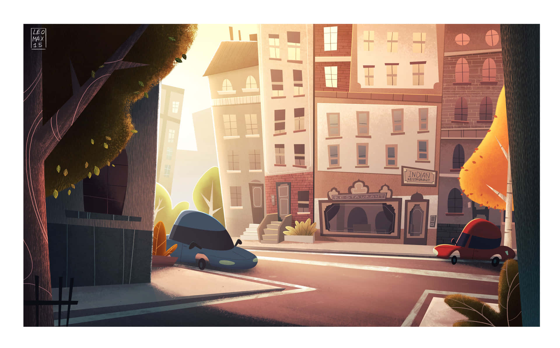 Cartoon City 桌布 壁紙 — 一個風格化的卡通街景，沐浴在溫暖的金色光芒中，復古汽車和秋樹環繞著一個寧靜的城市角落。