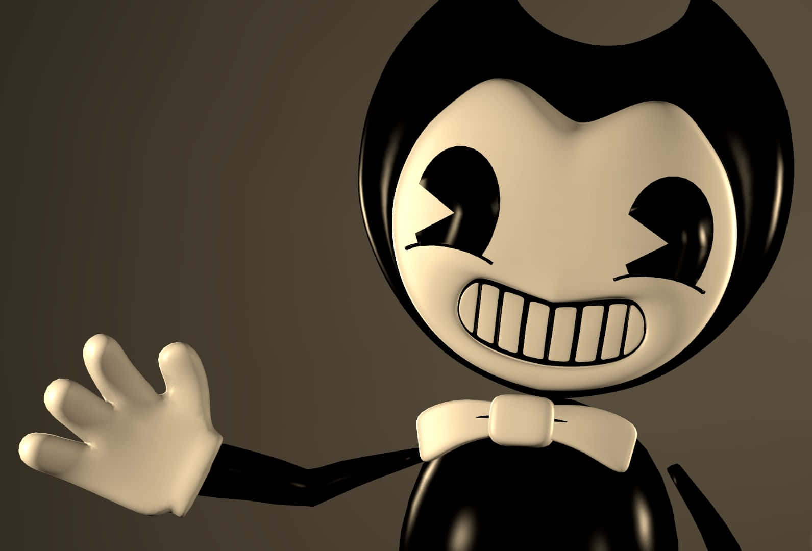 Bendy 桌布 壁紙 — 一個風格化的卡通角色，咧嘴大笑，戴著蝴蝶結領結，在柔和的棕色背景上揮手。