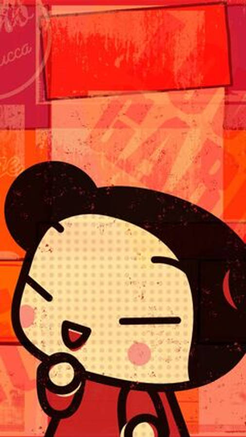 Pucca 桌布 壁紙 — 一個風格化的卡通角色，帶有眨眼的表情和黑色頭髮，背景是充滿活力的紅色紋理背景。