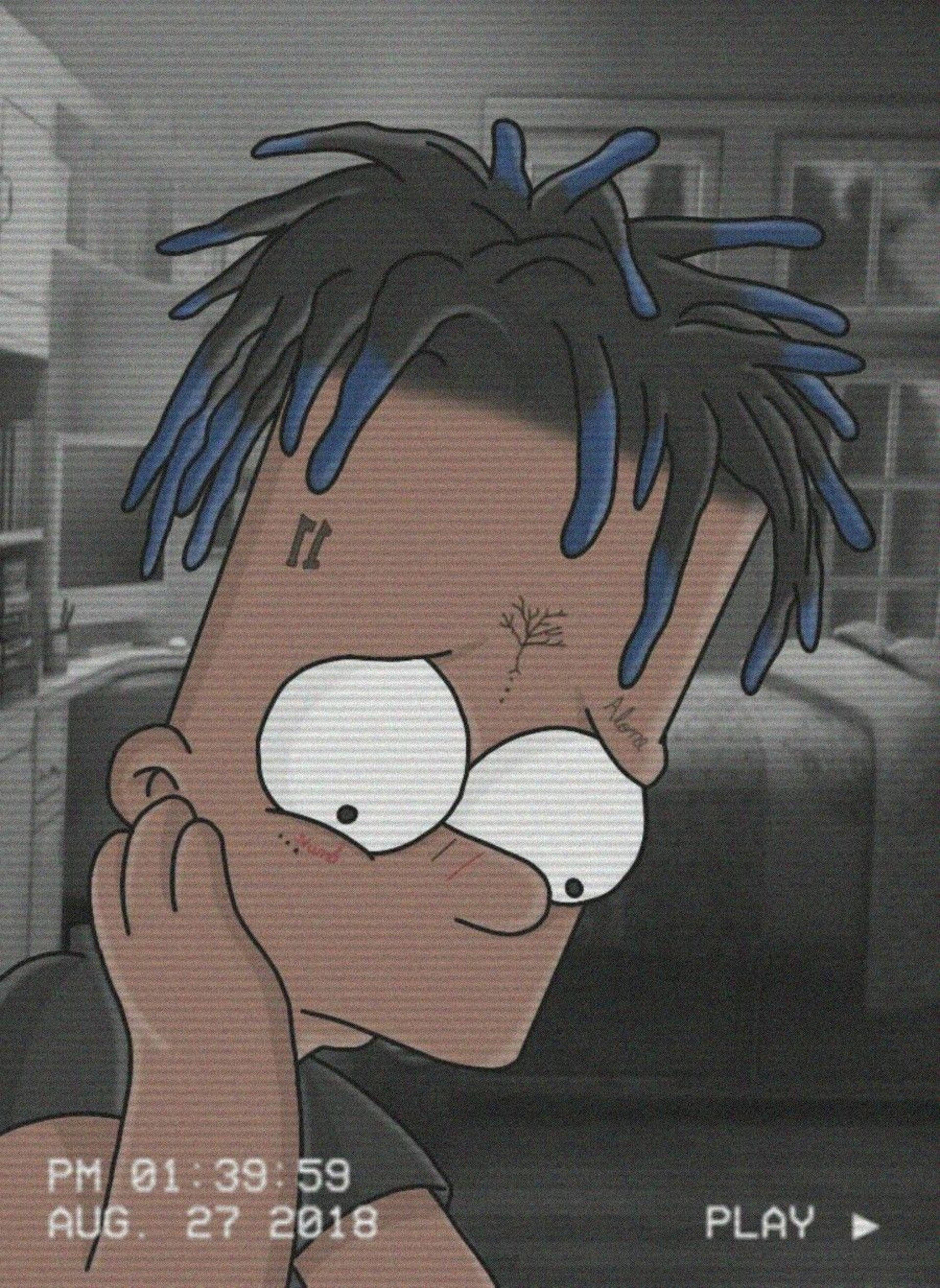 酷酷的xxxtentacion 桌布 壁紙 — 一個風格化的卡通角色，帶有藍色尖端的辮子和紋身，睜大眼睛凝視著，將臉貼在顆粒狀的灰階背景上。