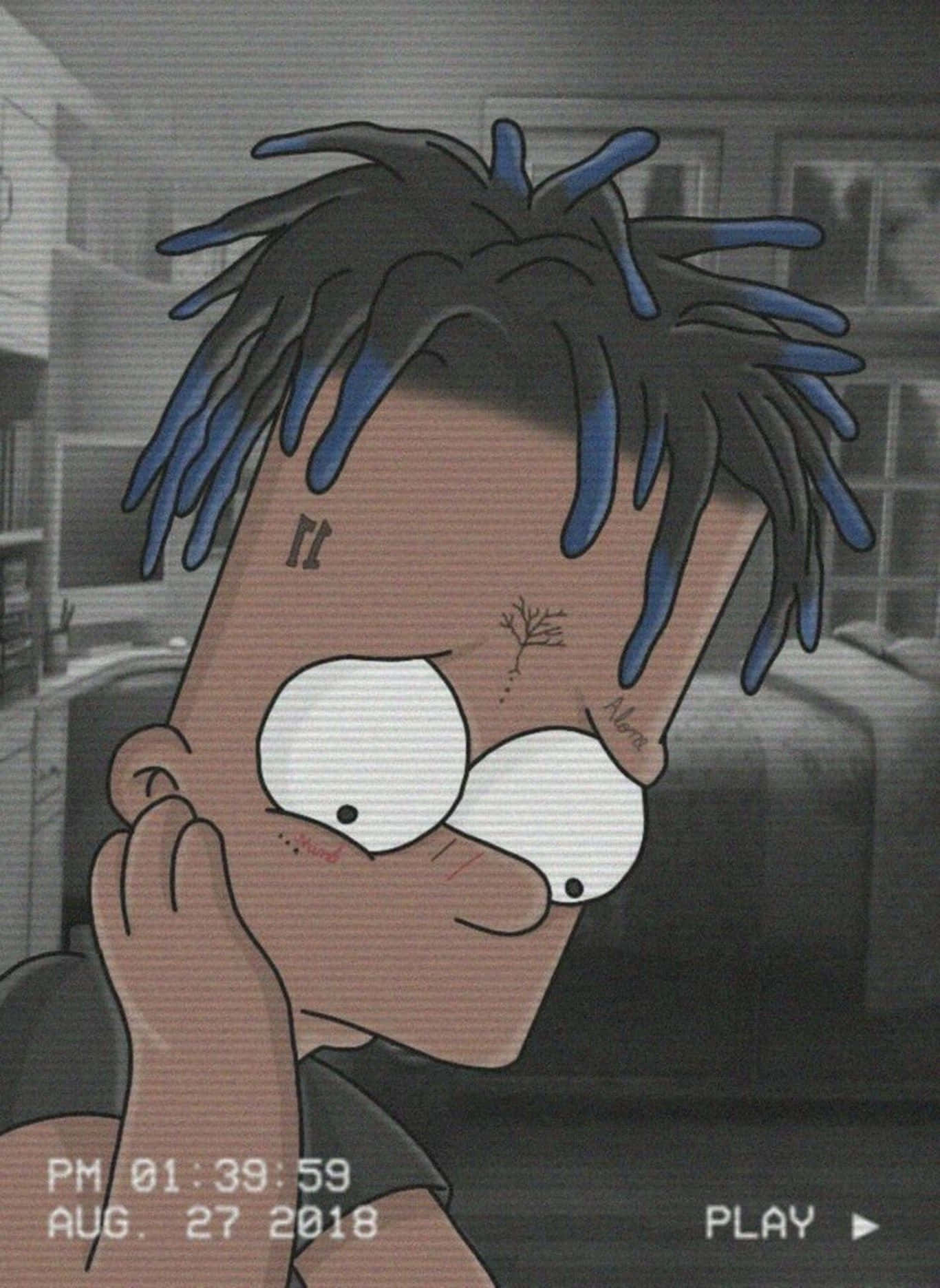 Depressed 桌布 壁紙 — 一個風格化的卡通角色，帶有藍色尖端的辮子和紋身，一手托腮，若有所思地凝視著模糊的室內背景。