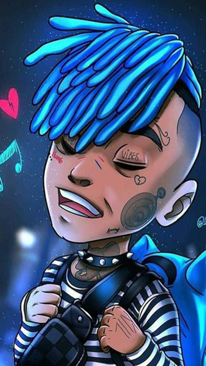 Rapper Cartoon 桌布 壁紙 — 一個風格化的卡通角色，擁有亮藍色辮子和刺青，在繁星點點的夜空下微笑，周圍漂浮著愛心和音符。