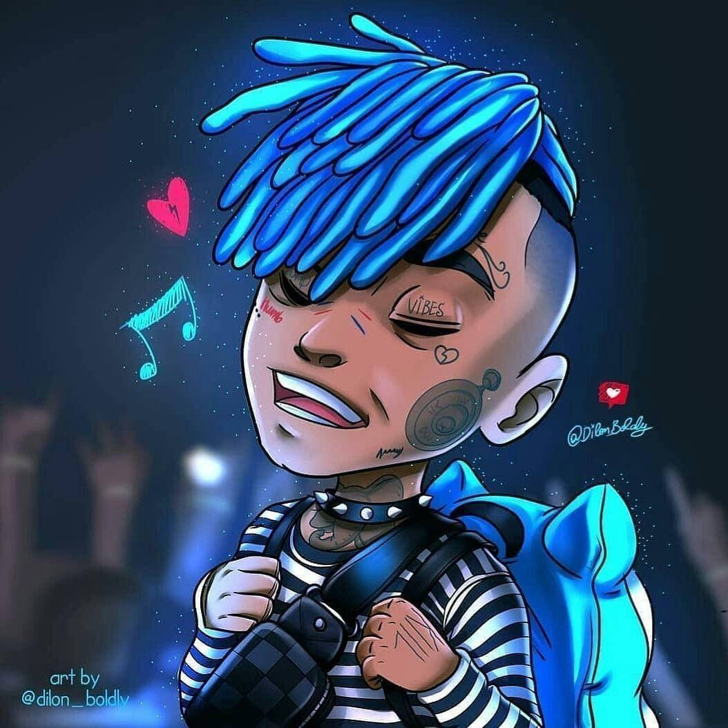 Xxxtentacion Cartoon 桌布 壁紙 — 一個風格化的卡通角色，擁有亮藍色辮子和刺青，在星空夜光下微笑著拿著相機。
