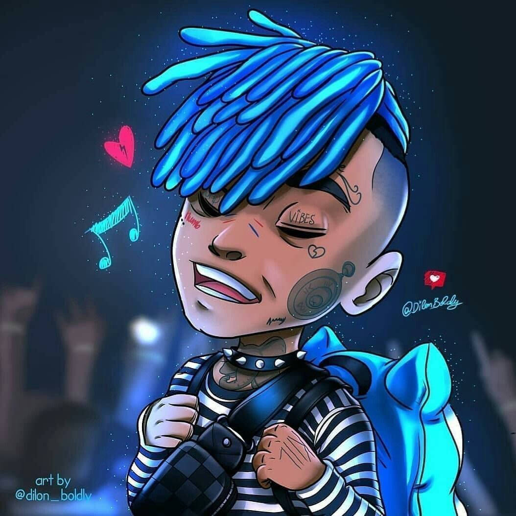 酷酷的xxxtentacion 桌布 壁紙 — 一個風格化的卡通角色，擁有亮藍色辮子頭和刺青，在星空下微笑著拿著相機。