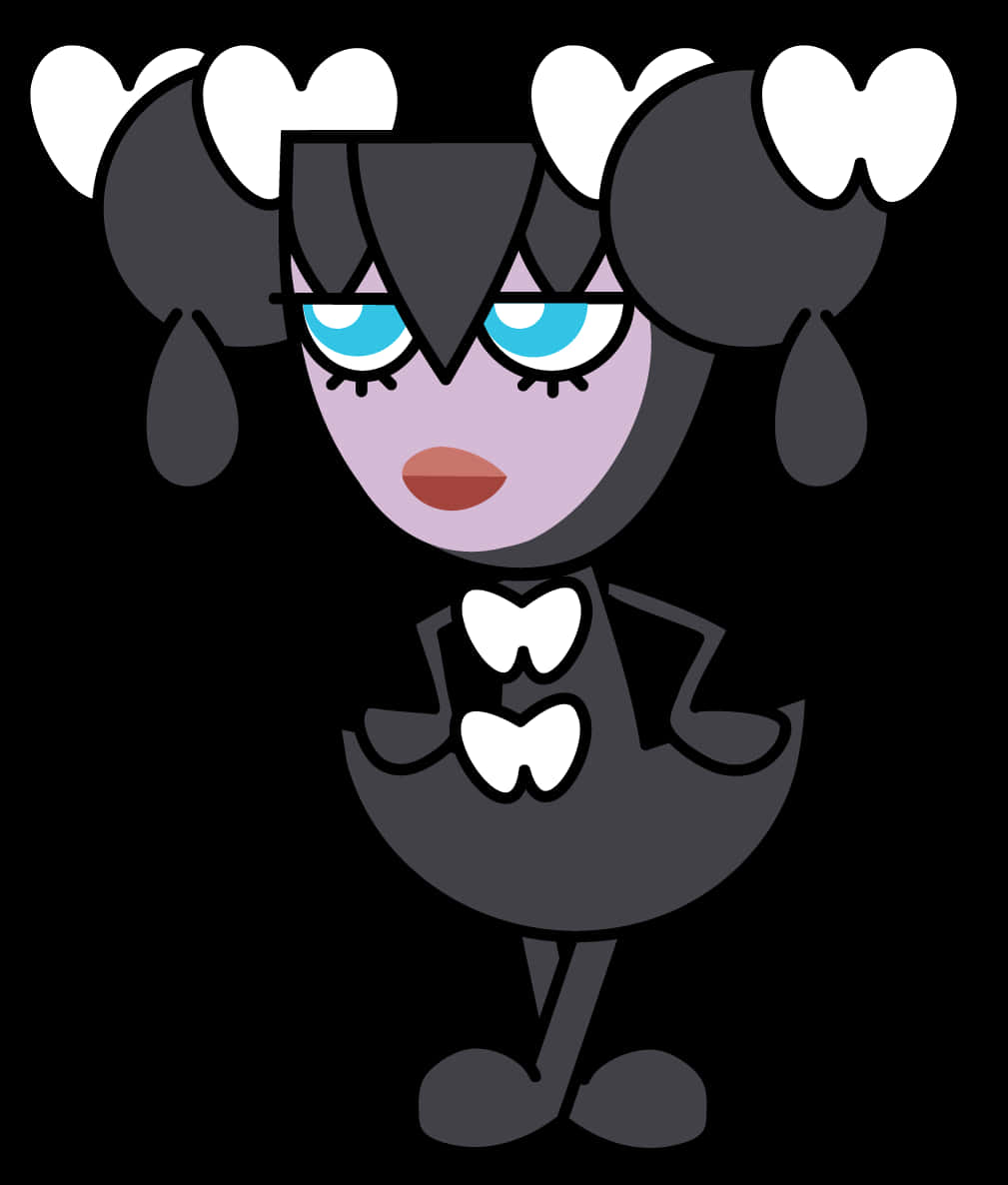 寶可夢 桌布 壁紙 — 一個風格化的卡通角色，擁有深色頭髮、心形辮子和藍色眼睛，站在黑色背景前。